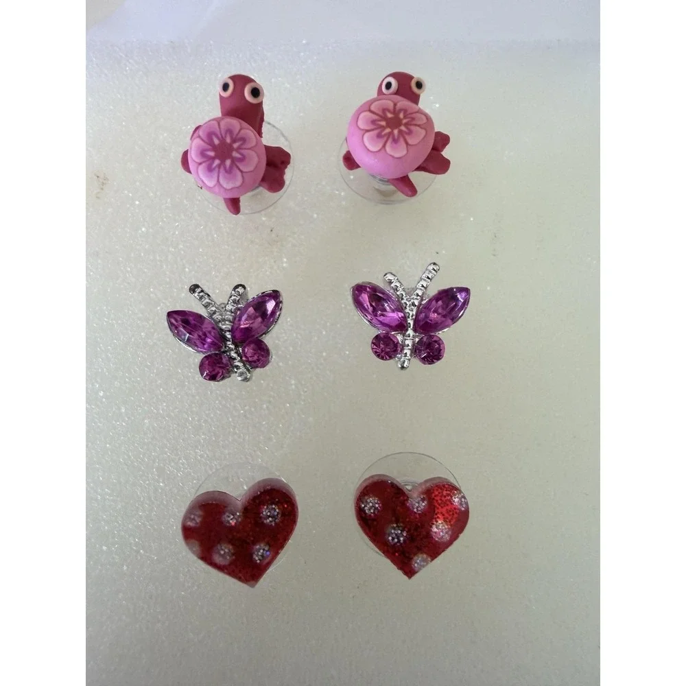 Butterfly Turtle Heart Stud Earrings Set Kids Multicolor Pink Red Purple Cute